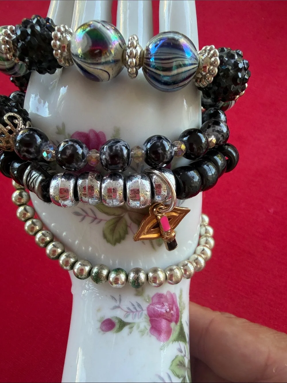 Black & Silver Beaded Stretch Bracelet Bundle - Unbranded